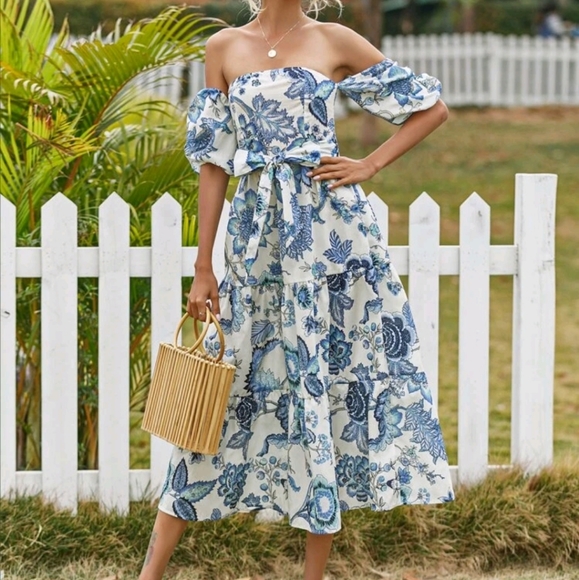 SHEIN Dresses & Skirts - Blue, off-the-shoulder floral midi dress